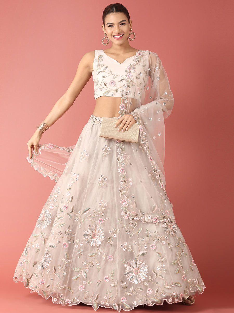 Pink Tissue Fabric Sequinse embroidery Semi-Stitched Lehenga & Unstitched Blouse With Dupatta