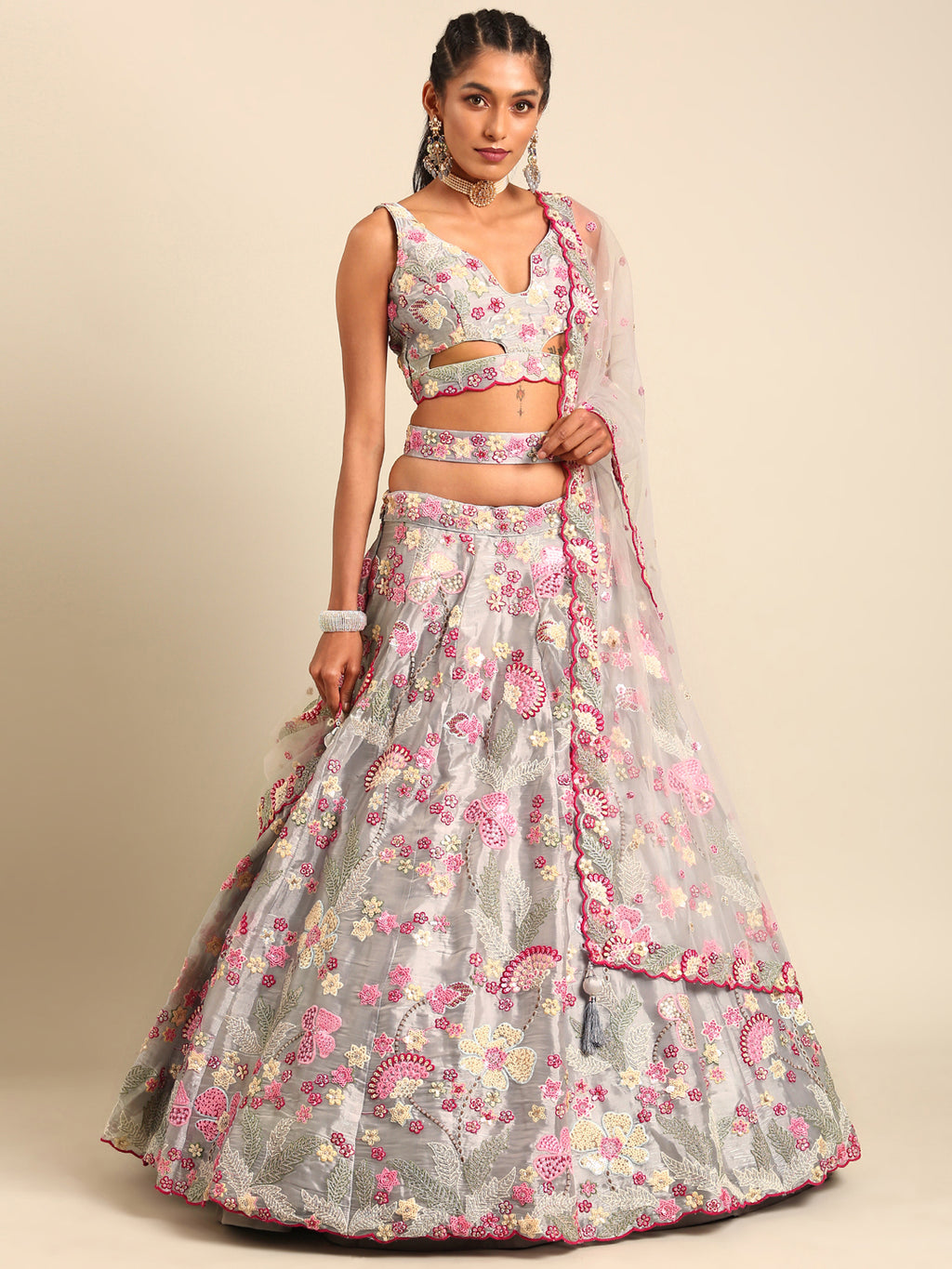 Grey Organza Sequin Lehenga Choli Set with Zari Embroidery ClothsVilla