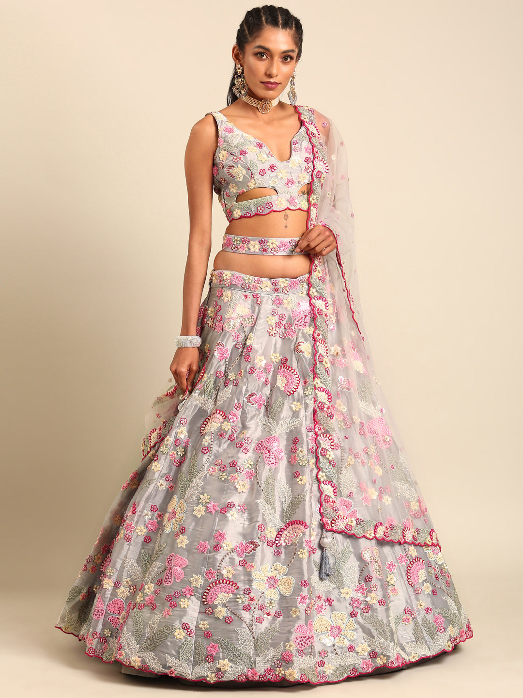Grey Organza Sequin Lehenga Choli Set with Zari Embroidery ClothsVilla