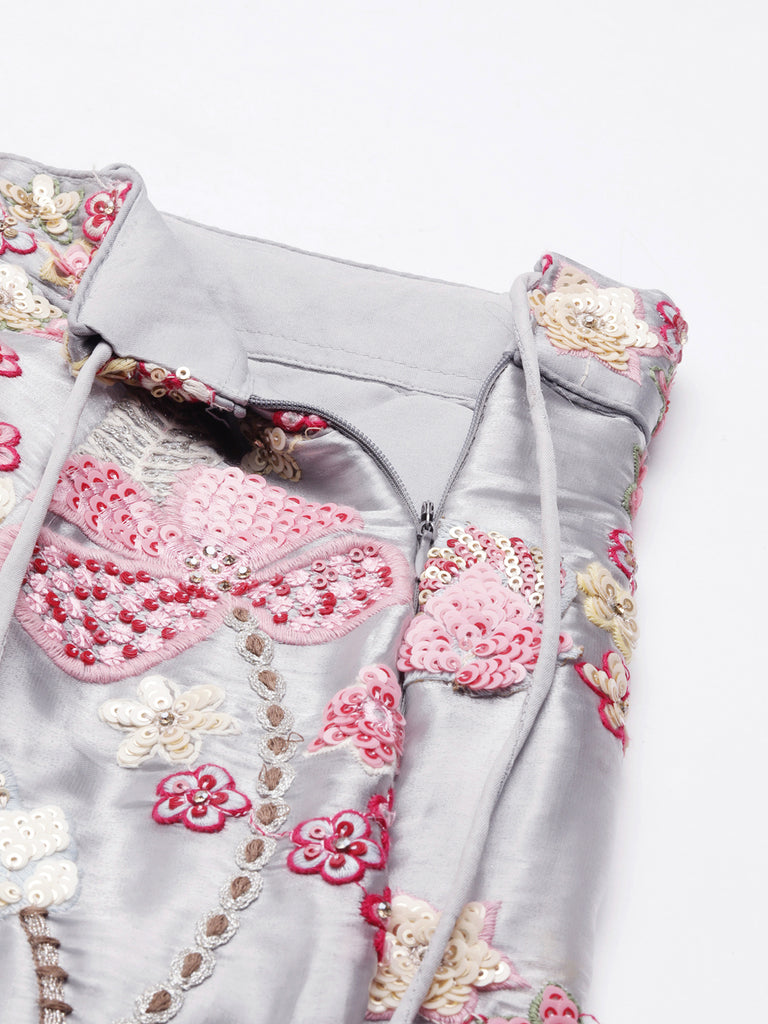 Grey Organza Sequin Lehenga Choli Set with Zari Embroidery ClothsVilla