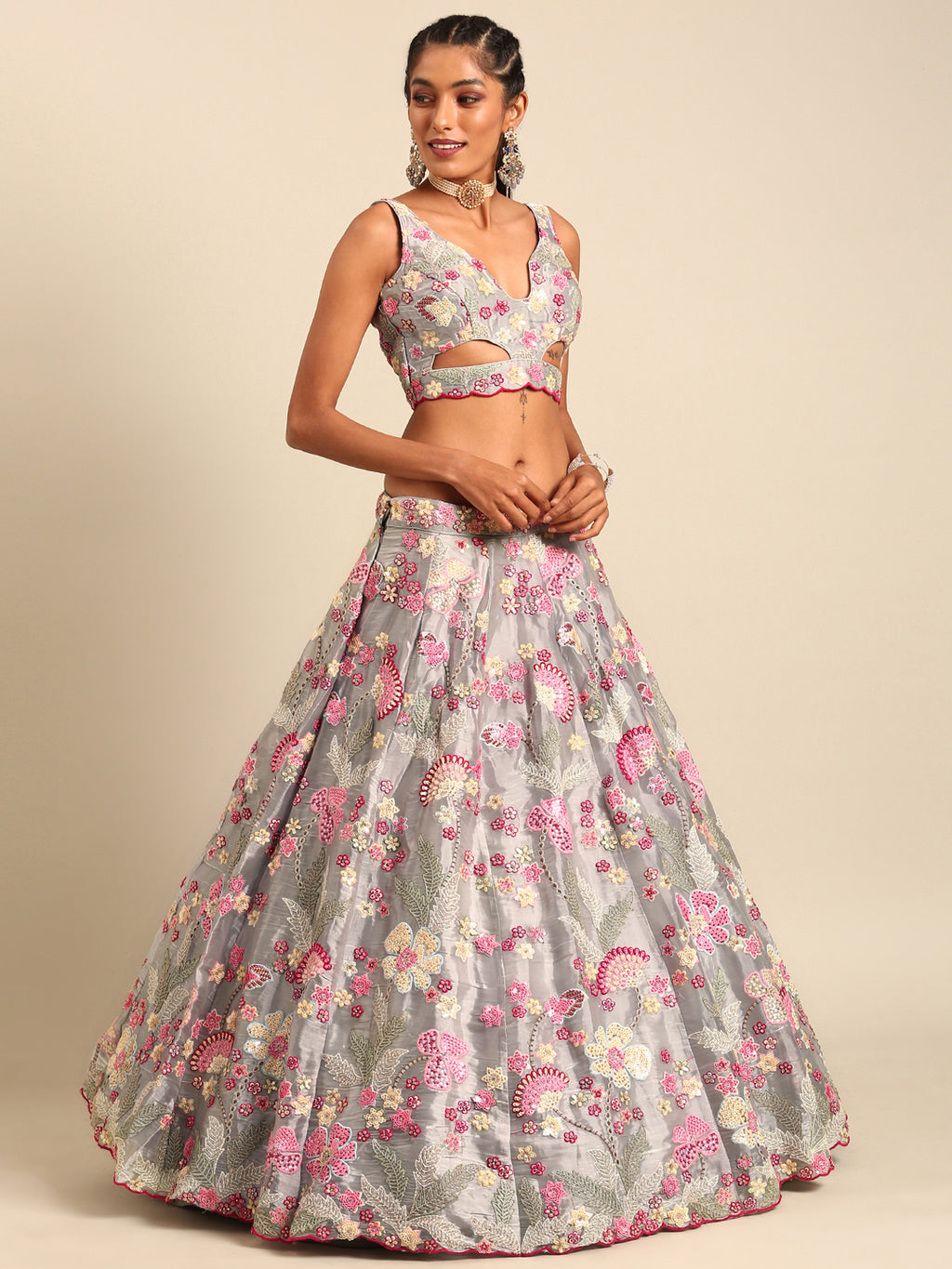 Grey Organza Sequin Lehenga Choli Set with Zari Embroidery ClothsVilla