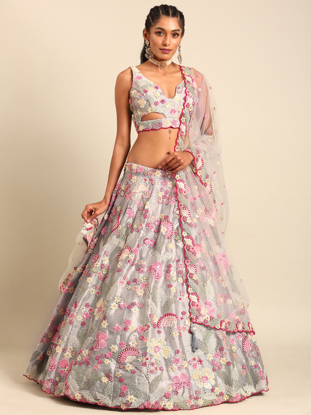 Grey Organza Sequin Lehenga Choli Set with Zari Embroidery ClothsVilla