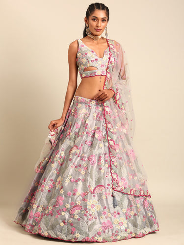Grey Organza Sequin Lehenga Choli Set with Zari Embroidery ClothsVilla