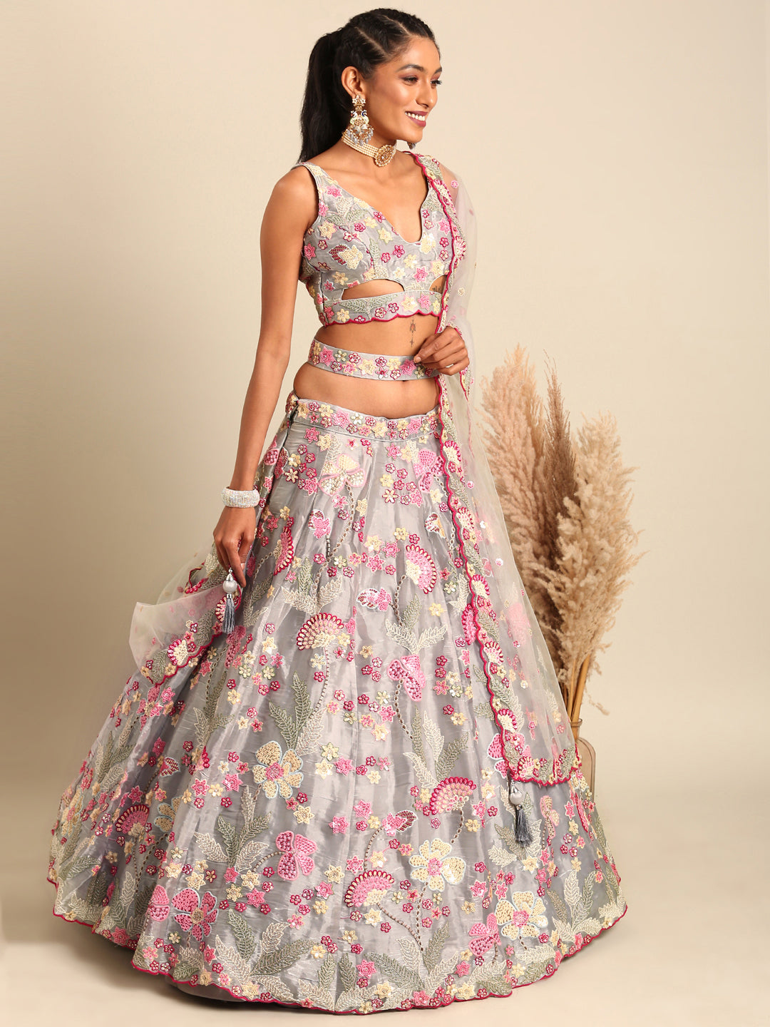 Grey Organza Sequin Lehenga Choli Set with Zari Embroidery ClothsVilla