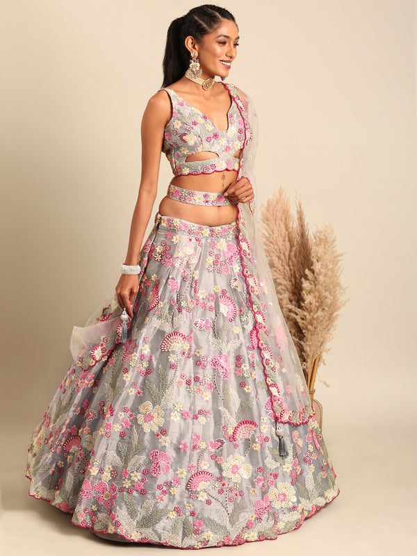 Grey Organza Sequin Lehenga Choli Set with Zari Embroidery ClothsVilla