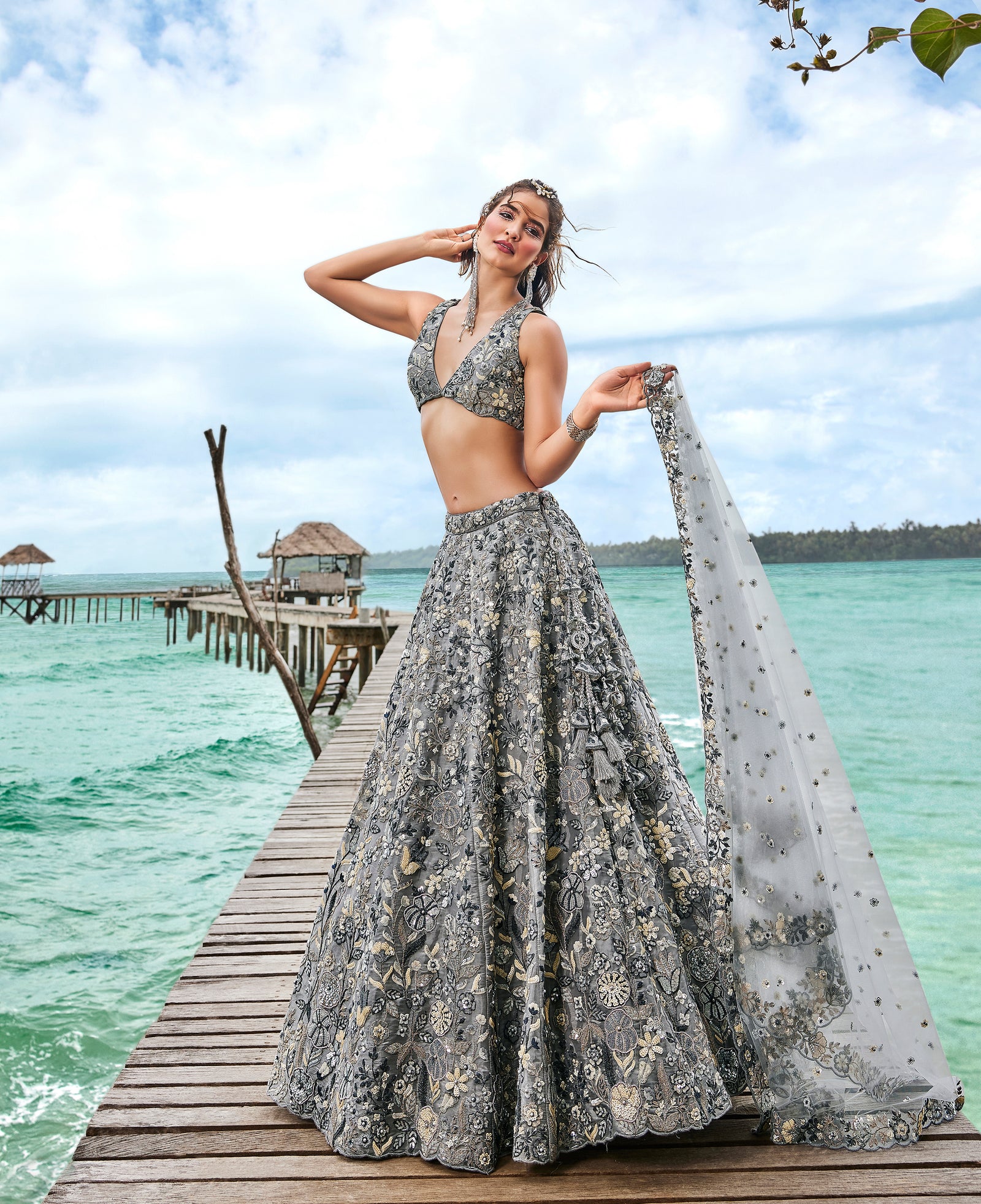 Grey Organza Sequins, Moti and thread embroidery Semi-Stitched Lehenga choli & Dupatta Clothsvilla
