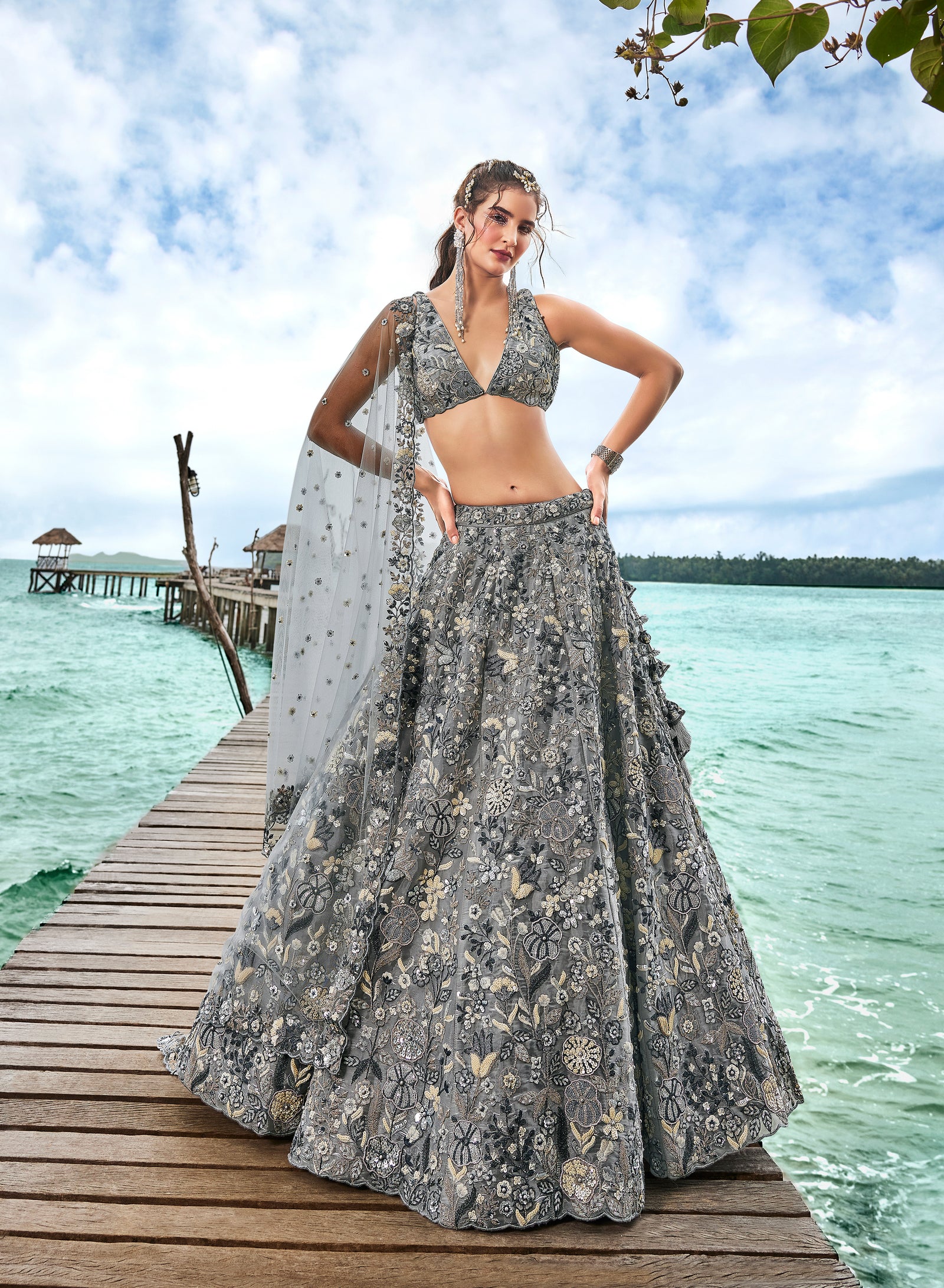 Grey Organza Sequins, Moti and thread embroidery Semi-Stitched Lehenga choli & Dupatta Clothsvilla