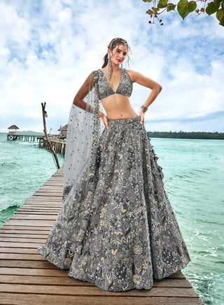 Grey Organza Sequins, Moti and thread embroidery Semi-Stitched Lehenga choli & Dupatta Clothsvilla