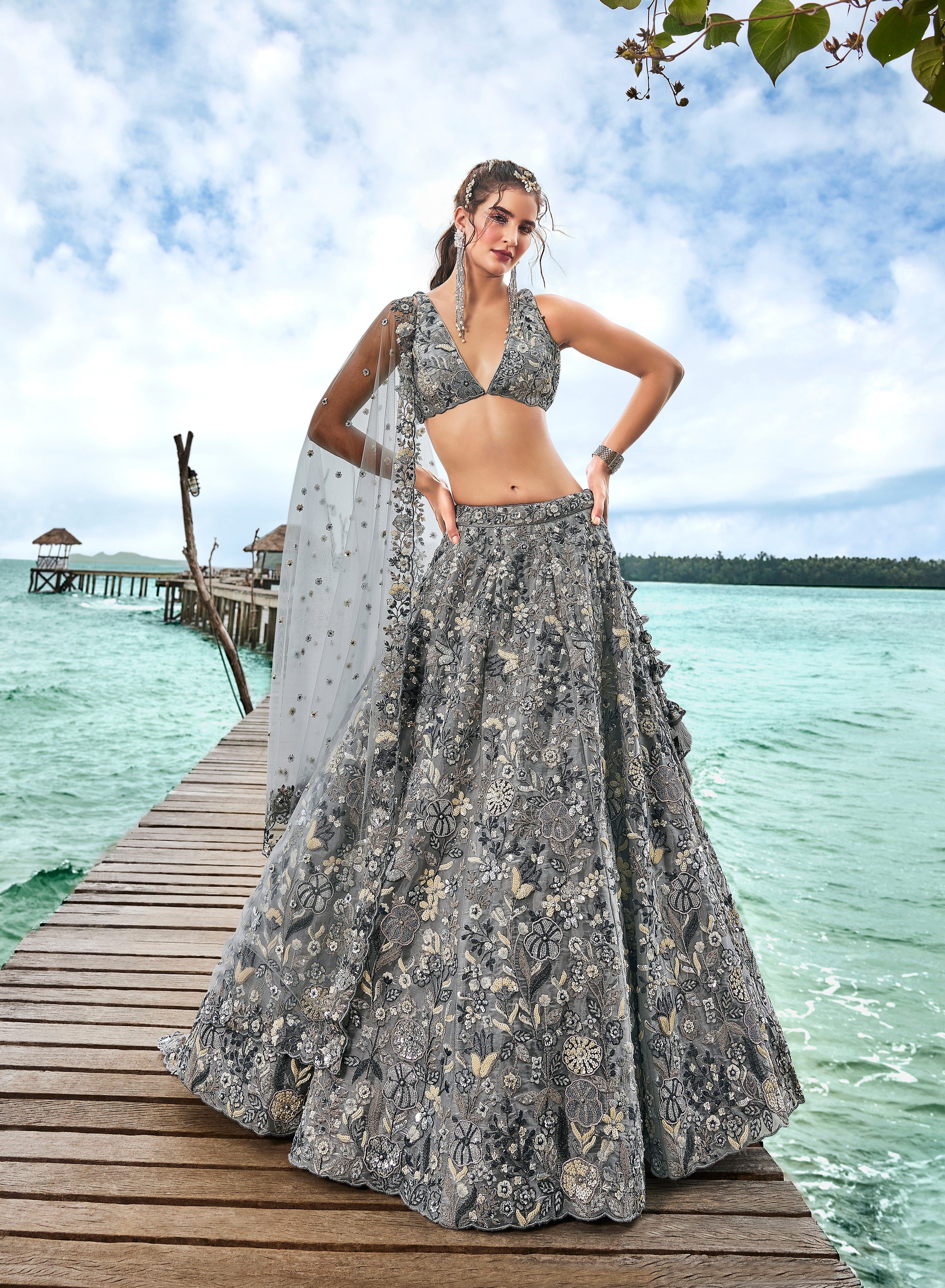 Grey Organza Sequins, Moti and thread embroidery Semi-Stitched Lehenga choli & Dupatta Clothsvilla
