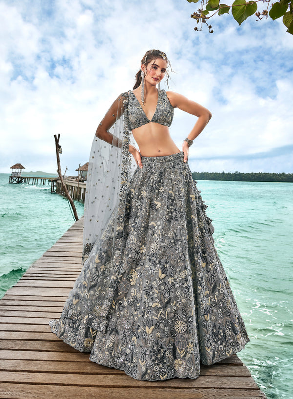 Grey Organza Sequins, Moti and thread embroidery Semi-Stitched Lehenga choli & Dupatta Clothsvilla
