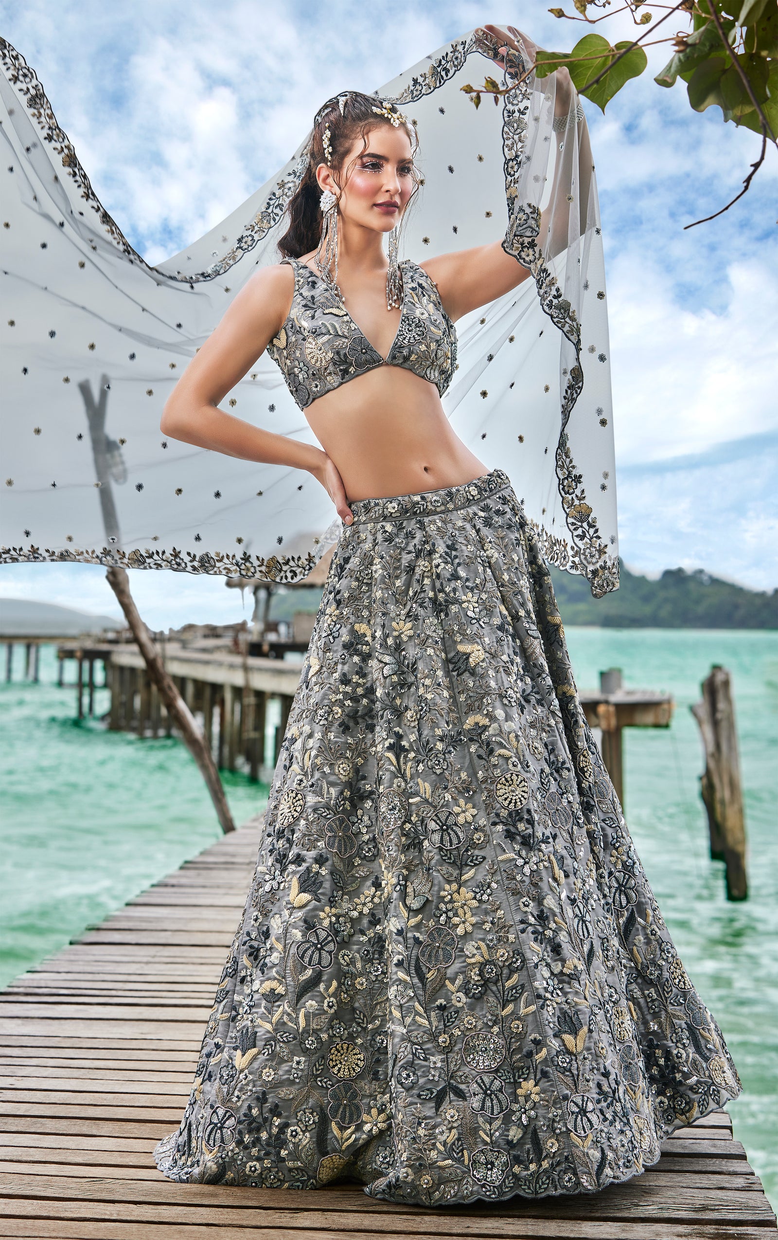 Grey Organza Sequins, Moti and thread embroidery Semi-Stitched Lehenga choli & Dupatta Clothsvilla