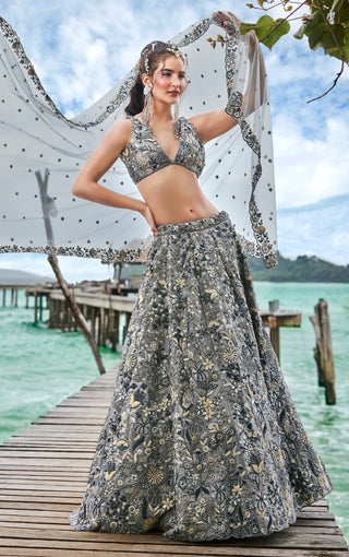 Grey Organza Sequins, Moti and thread embroidery Semi-Stitched Lehenga choli & Dupatta Clothsvilla
