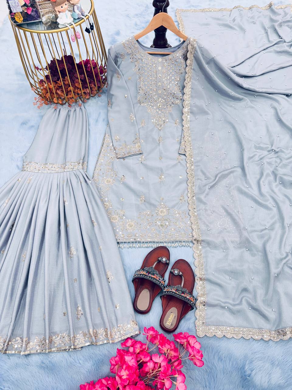Grey Premium Designer Party Wear Chinon Silk Top, Plazzo & Dupatta Set Clothsvilla Main image