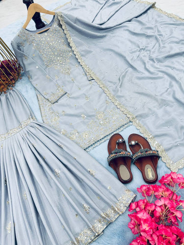 Grey Premium Designer Party Wear Chinon Silk Top, Plazzo & Dupatta Set Clothsvilla