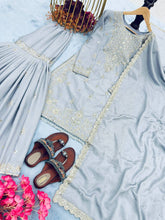 Load image into Gallery viewer, Grey Premium Designer Party Wear Chinon Silk Top, Plazzo &amp; Dupatta Set Clothsvilla