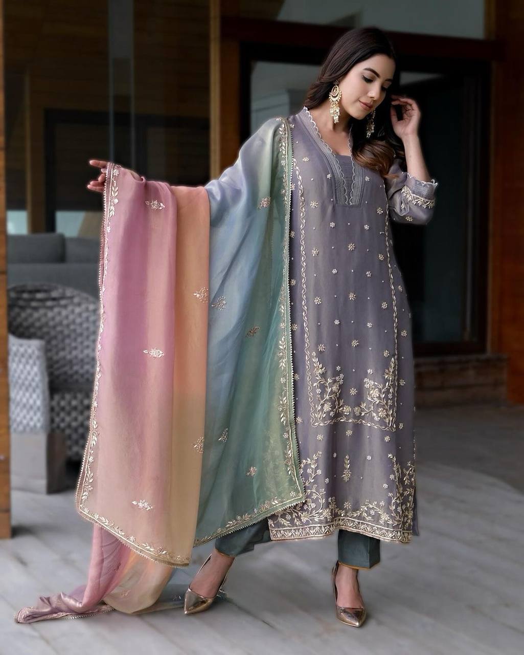Grey Premium Designer Party Wear Top, Bottom & Multi Colour Dupatta Set Clothsvilla Main image