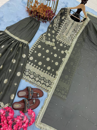 Grey Premium Designer Readymade Georgette Top, Sharara, Dupatta Set Clothsvilla