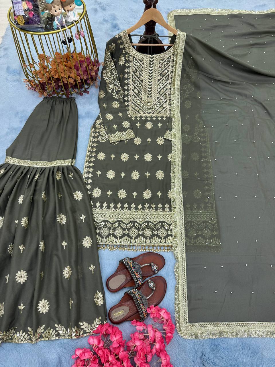 Grey Premium Designer Readymade Georgette Top, Sharara, Dupatta Set Clothsvilla Main image