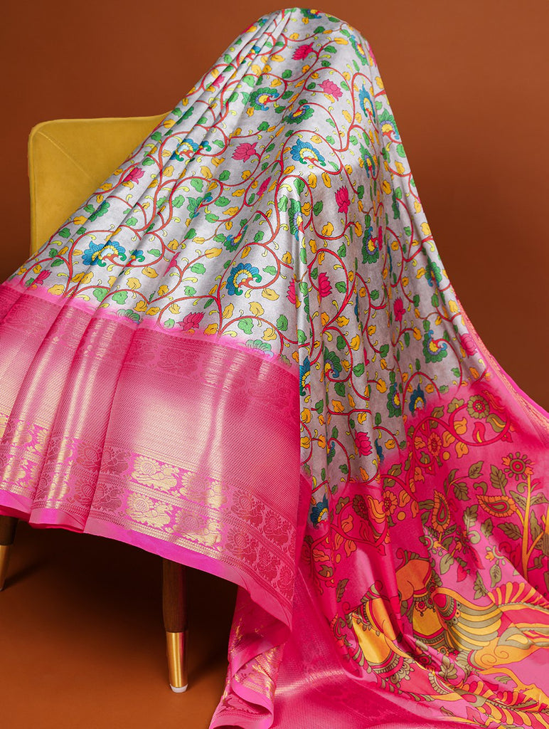 Grey Printed Dola Silk Saree Set for Weddings & Special Occasions ClothsVilla