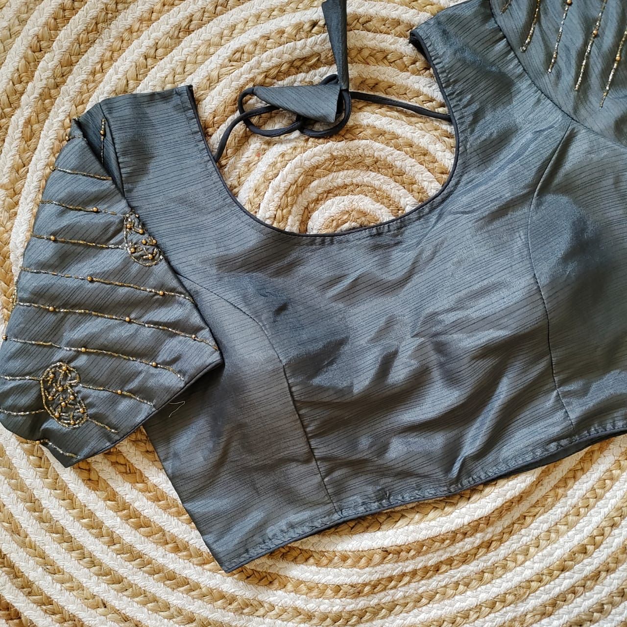 Grey Pure Silk Blouse with Handcrafted Sleeves and Back Opening ClothsVilla
