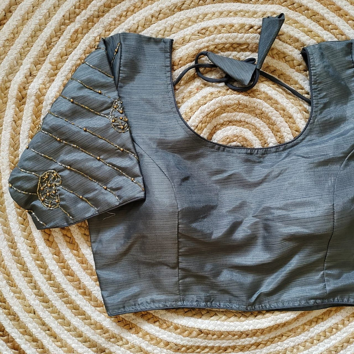 Grey Pure Silk Blouse with Handcrafted Sleeves and Back Opening ClothsVilla Main image