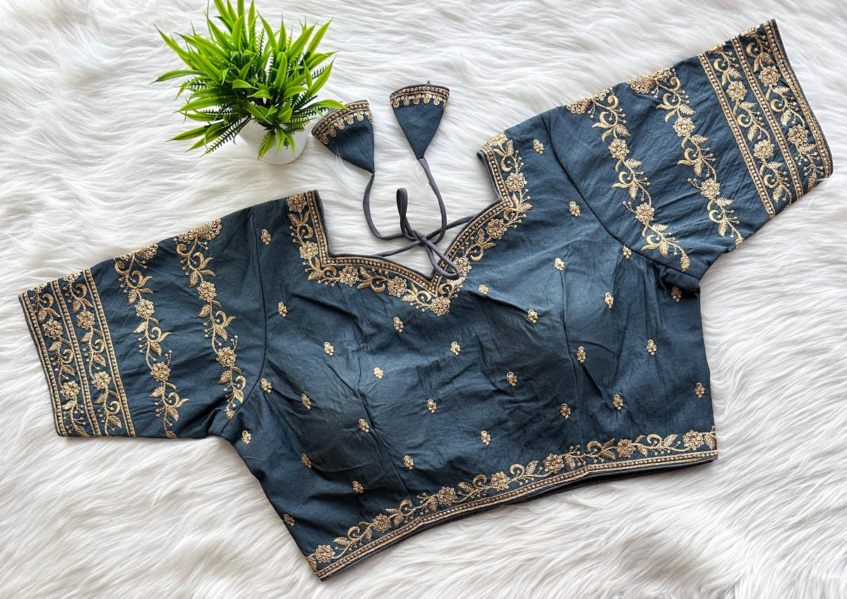 Grey Rajbhog Silk Embroidered Blouse with Handcrafted Detailing ClothsVilla Main image