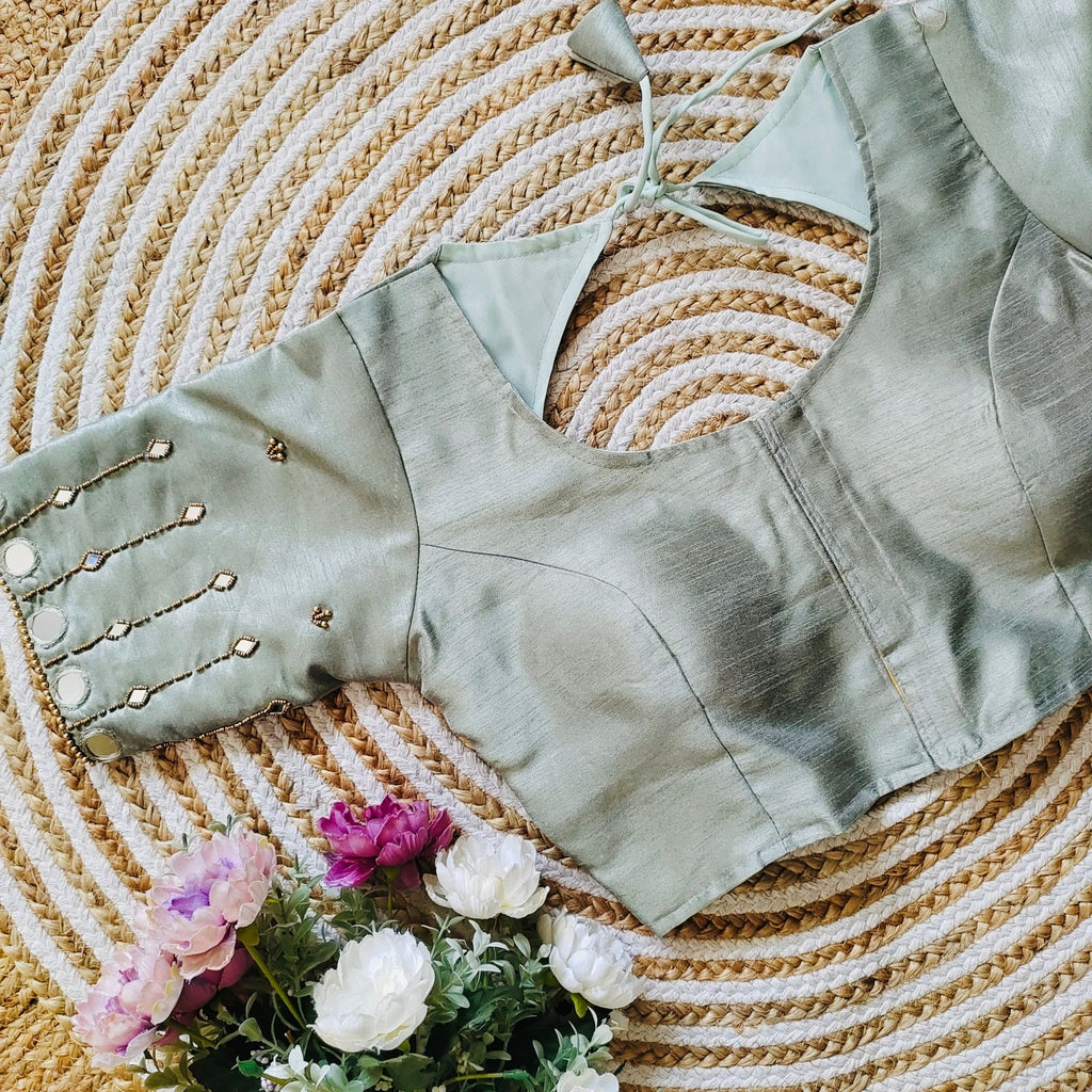 Grey Russian Silk Blouse with Mirror and Pearl Embellishments ClothsVilla