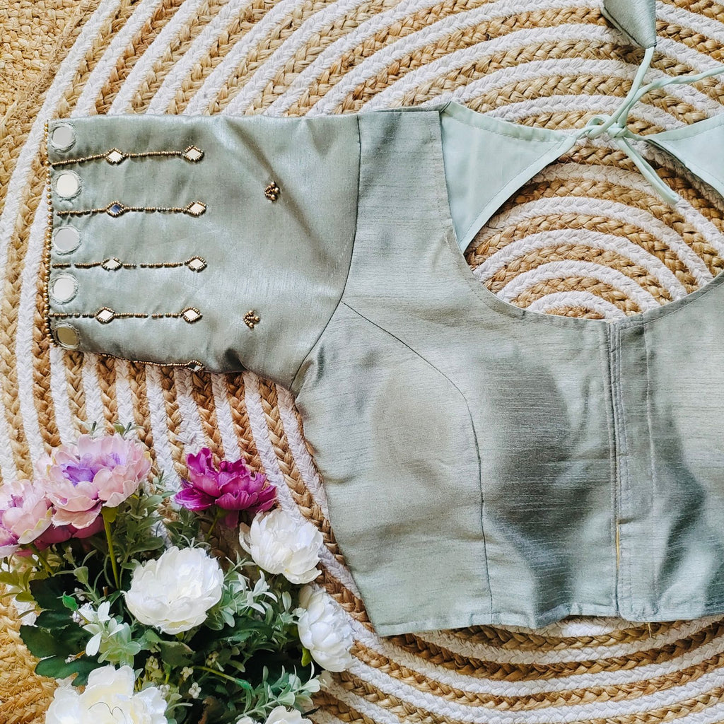 Grey Russian Silk Blouse with Mirror and Pearl Embellishments ClothsVilla