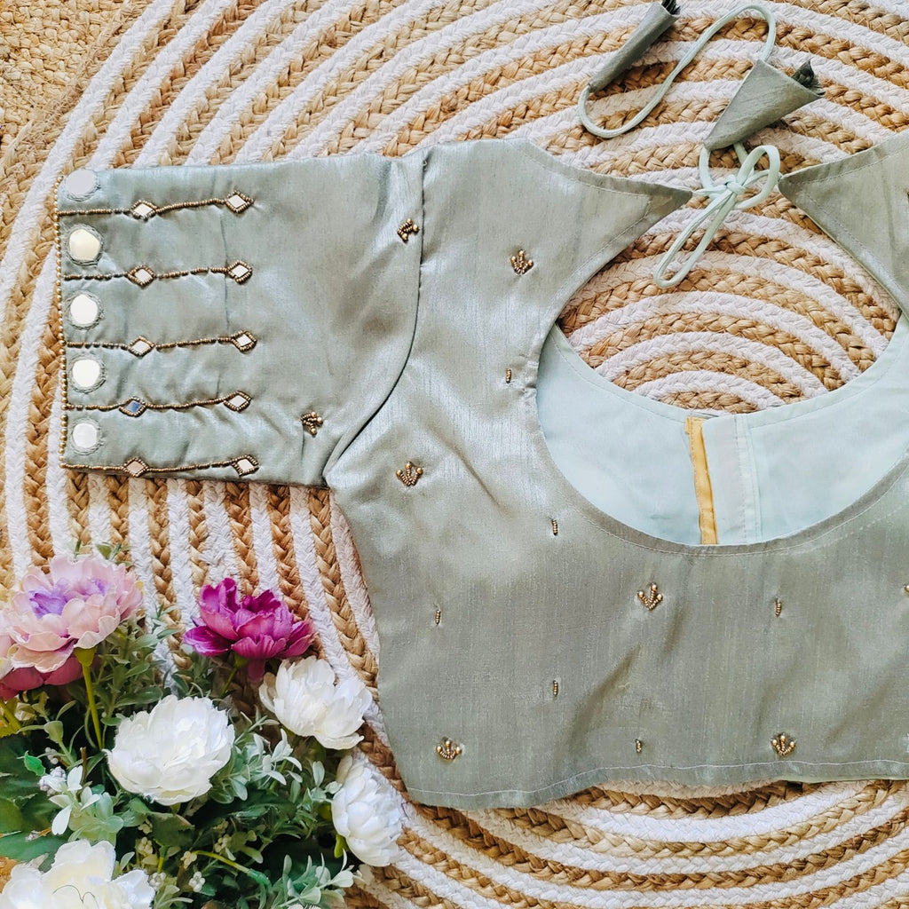 Grey Russian Silk Blouse with Mirror and Pearl Embellishments ClothsVilla