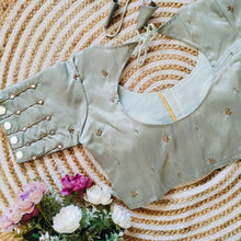 Load image into Gallery viewer, Grey Russian Silk Blouse with Mirror and Pearl Embellishments ClothsVilla