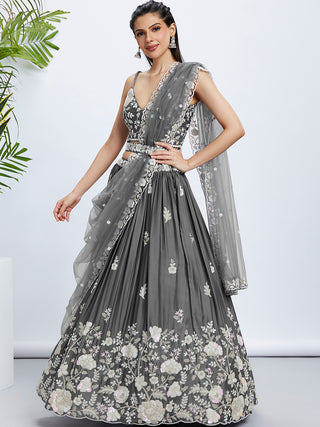 Grey Sequinned Lehenga Choli Set with Thread Embroidery ClothsVilla