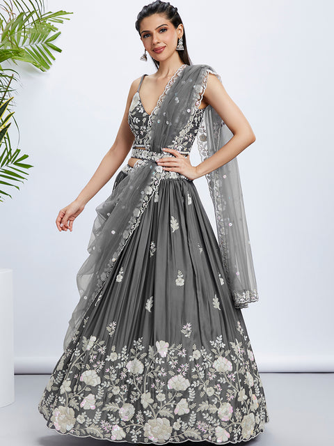 Grey Sequinned Lehenga Choli Set with Thread Embroidery ClothsVilla Main image