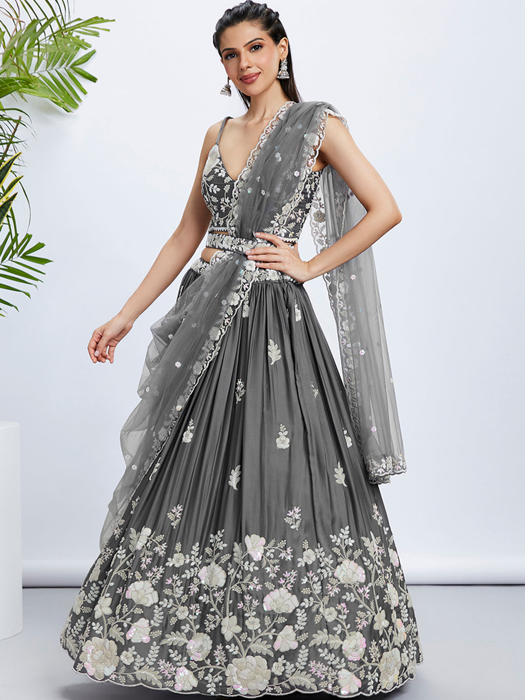 Grey Sequinned Lehenga Choli Set with Thread Embroidery ClothsVilla