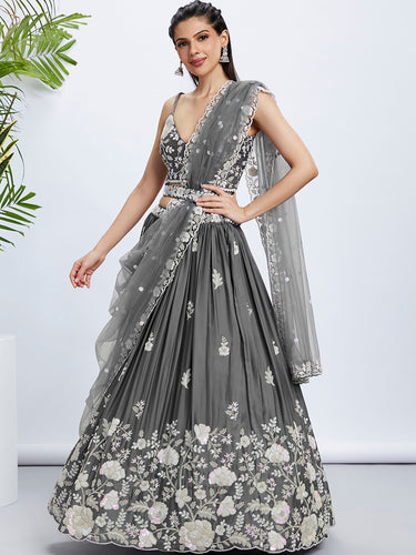 Grey Sequinned Lehenga Choli Set with Thread Embroidery ClothsVilla