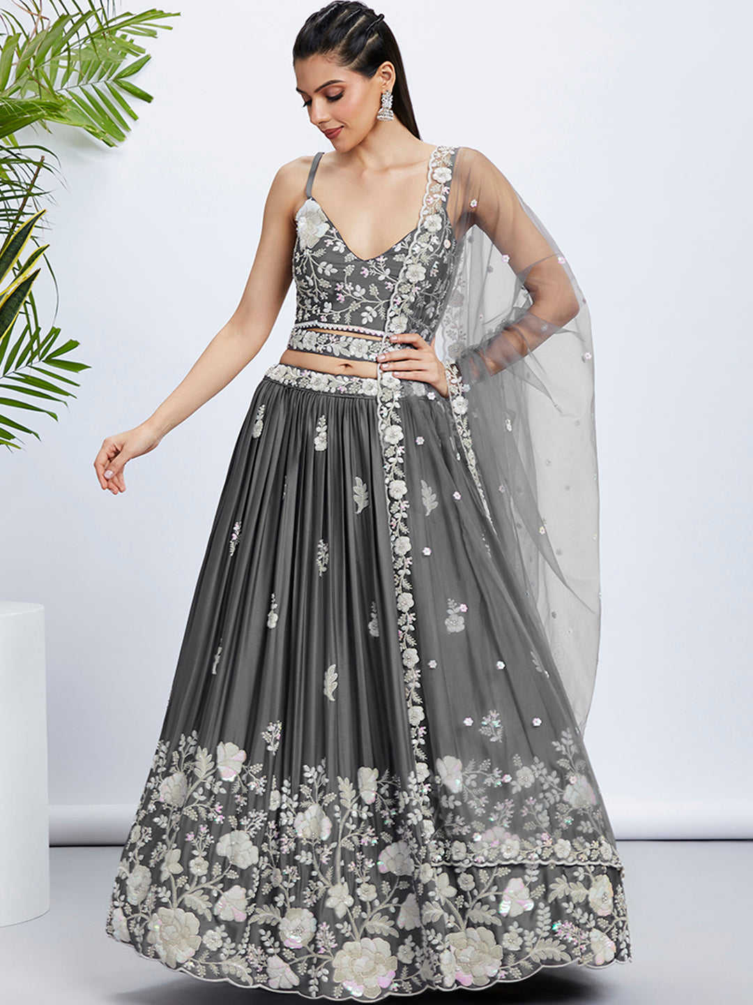 Grey Sequinned Lehenga Choli Set with Thread Embroidery ClothsVilla