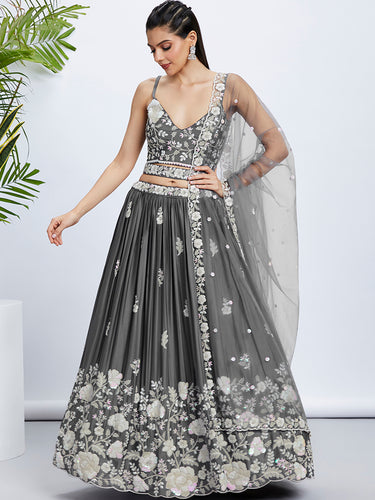 Grey Sequinned Lehenga Choli Set with Thread Embroidery ClothsVilla