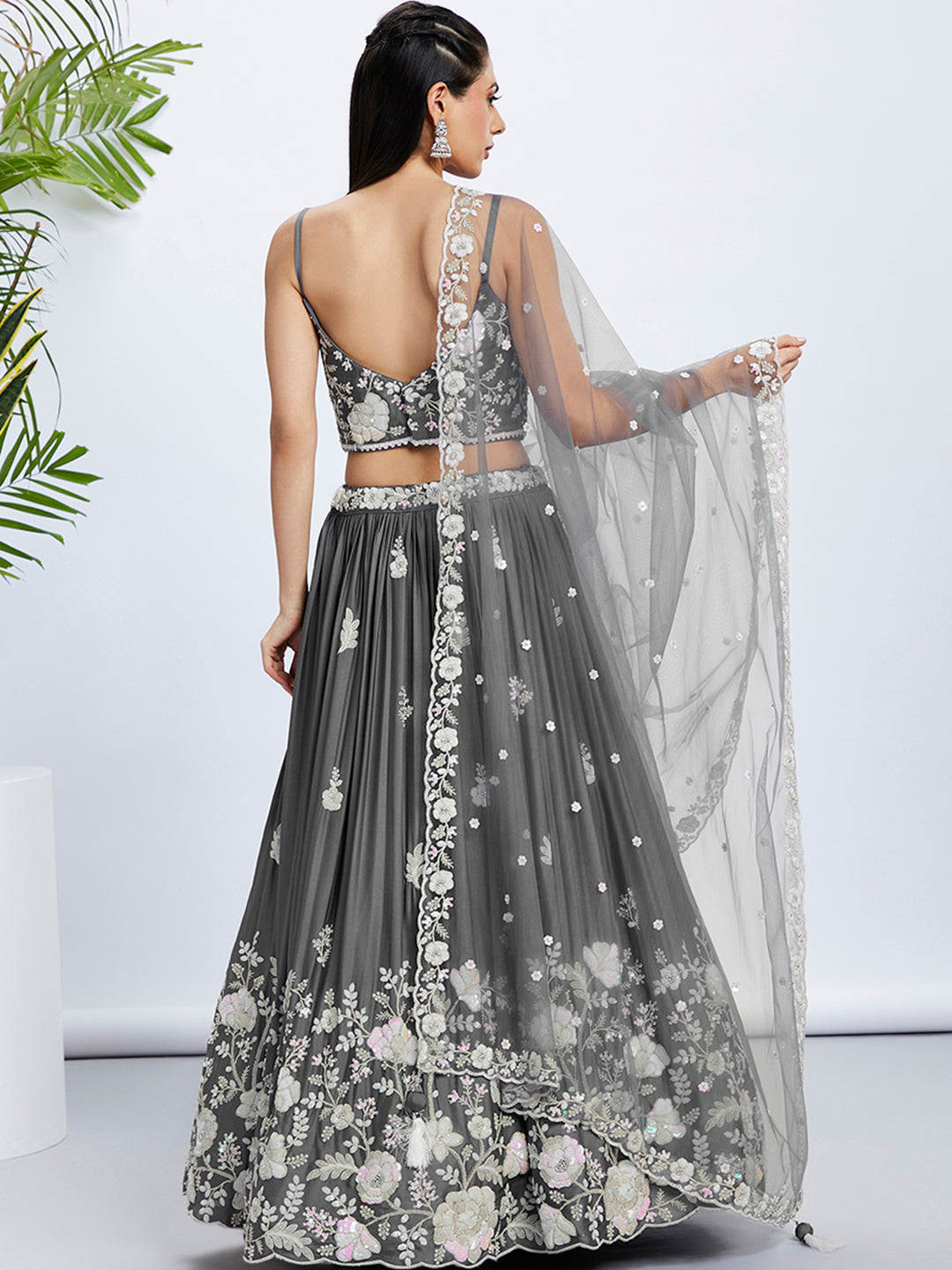 Grey Sequinned Lehenga Choli Set with Thread Embroidery ClothsVilla