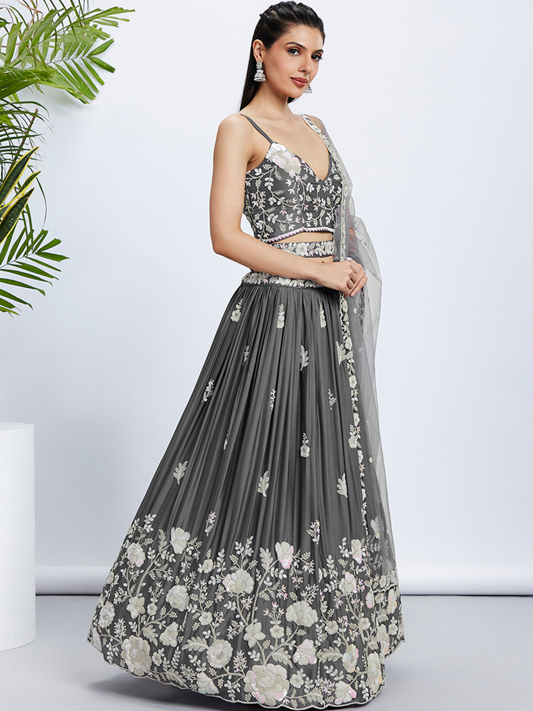Grey Sequinned Lehenga Choli Set with Thread Embroidery ClothsVilla