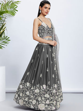 Grey Sequinned Lehenga Choli Set with Thread Embroidery ClothsVilla