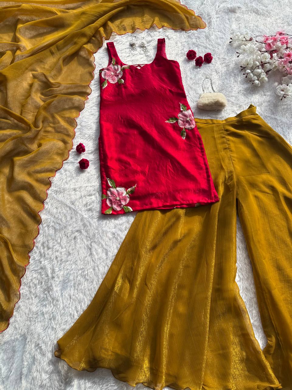 Handpaint Fendy Silk Kurta Palazzo Set with Cutdana Work Dupatta ClothsVilla