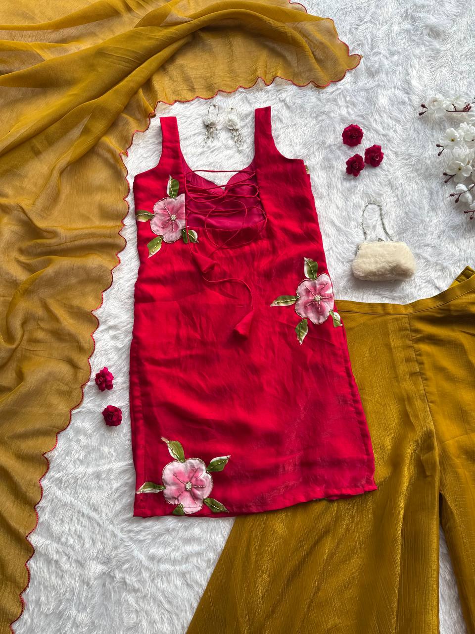 Handpaint Fendy Silk Kurta Palazzo Set with Cutdana Work Dupatta ClothsVilla