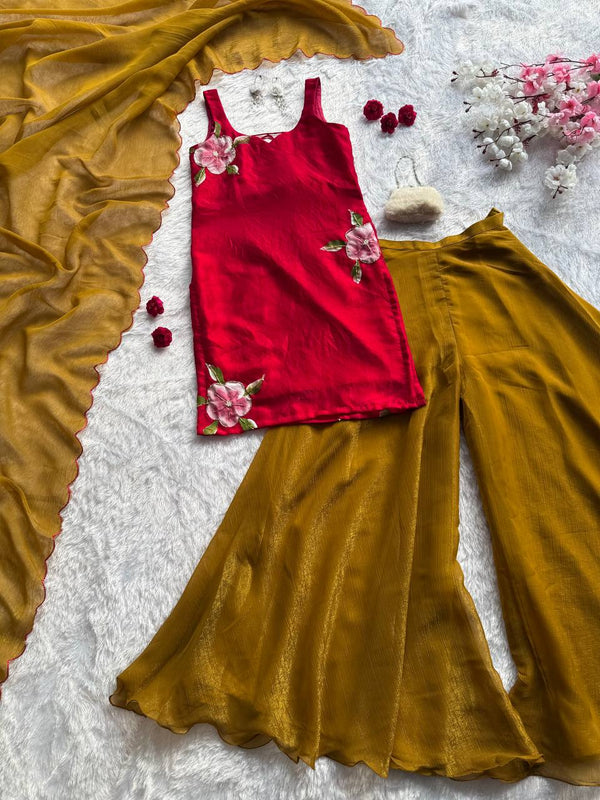 Handpaint Fendy Silk Kurta Palazzo Set with Cutdana Work Dupatta ClothsVilla