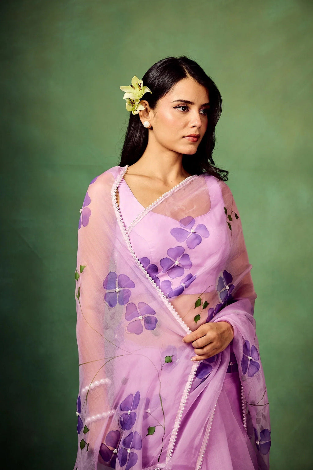 Lavender Pure Organza Saree with Hand-Painted Purple Floral Motifs & Pearl Sequin Highlights | Satin Blouse FANCY SAREES
