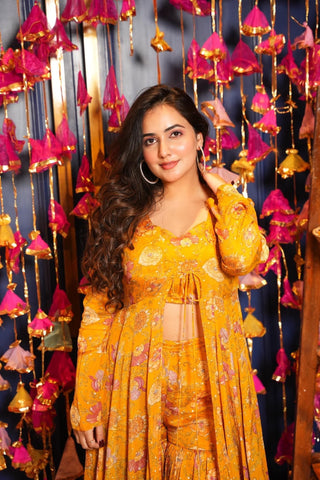 Heavy Airtex Chinon Digital Print Sharara Suit with Long Shrug Clothsvilla