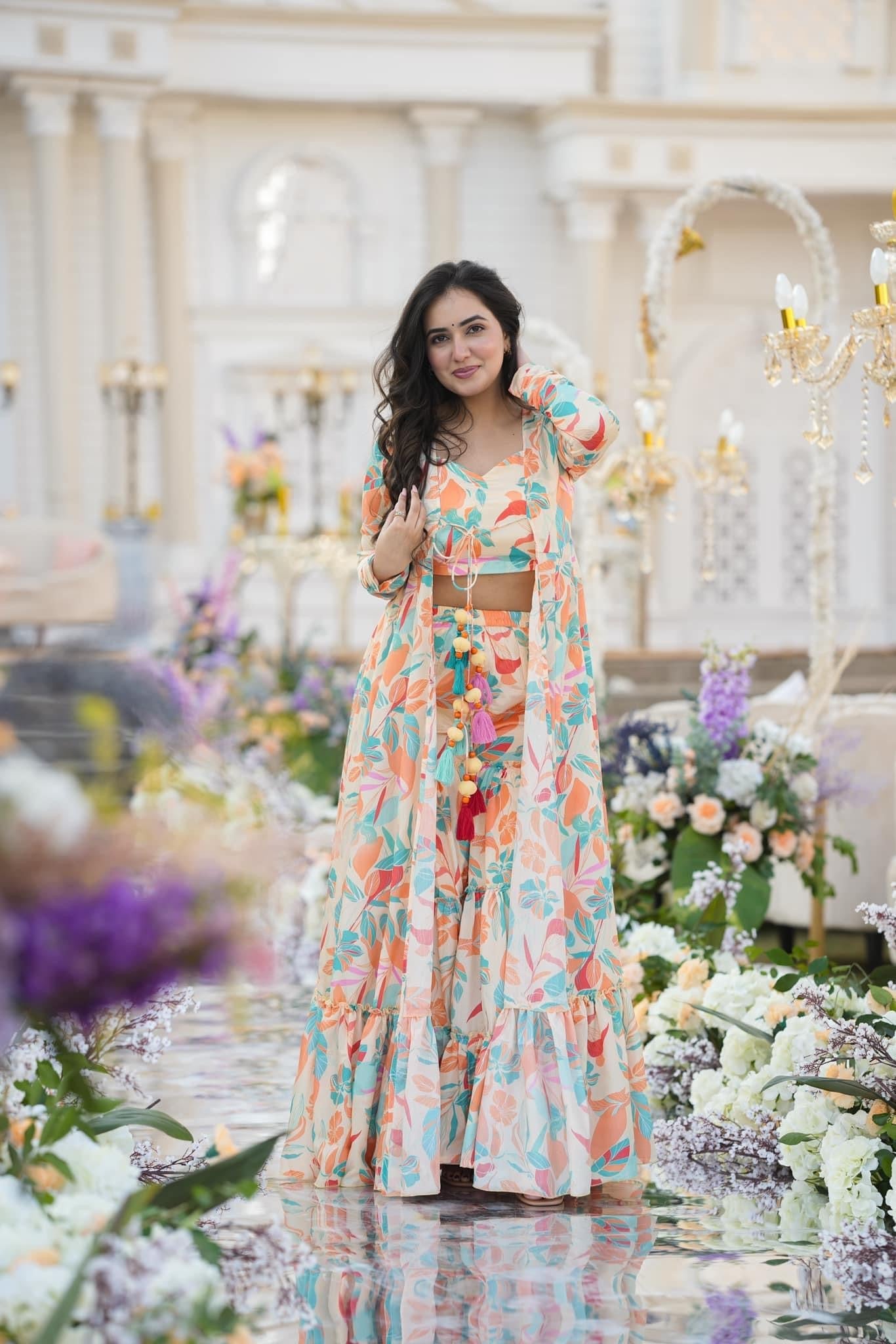 Heavy Airtex Chinon Digital Print Sharara Suit with Long Shrug Clothsvilla