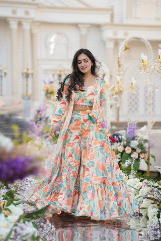 Heavy Airtex Chinon Digital Print Sharara Suit with Long Shrug Clothsvilla