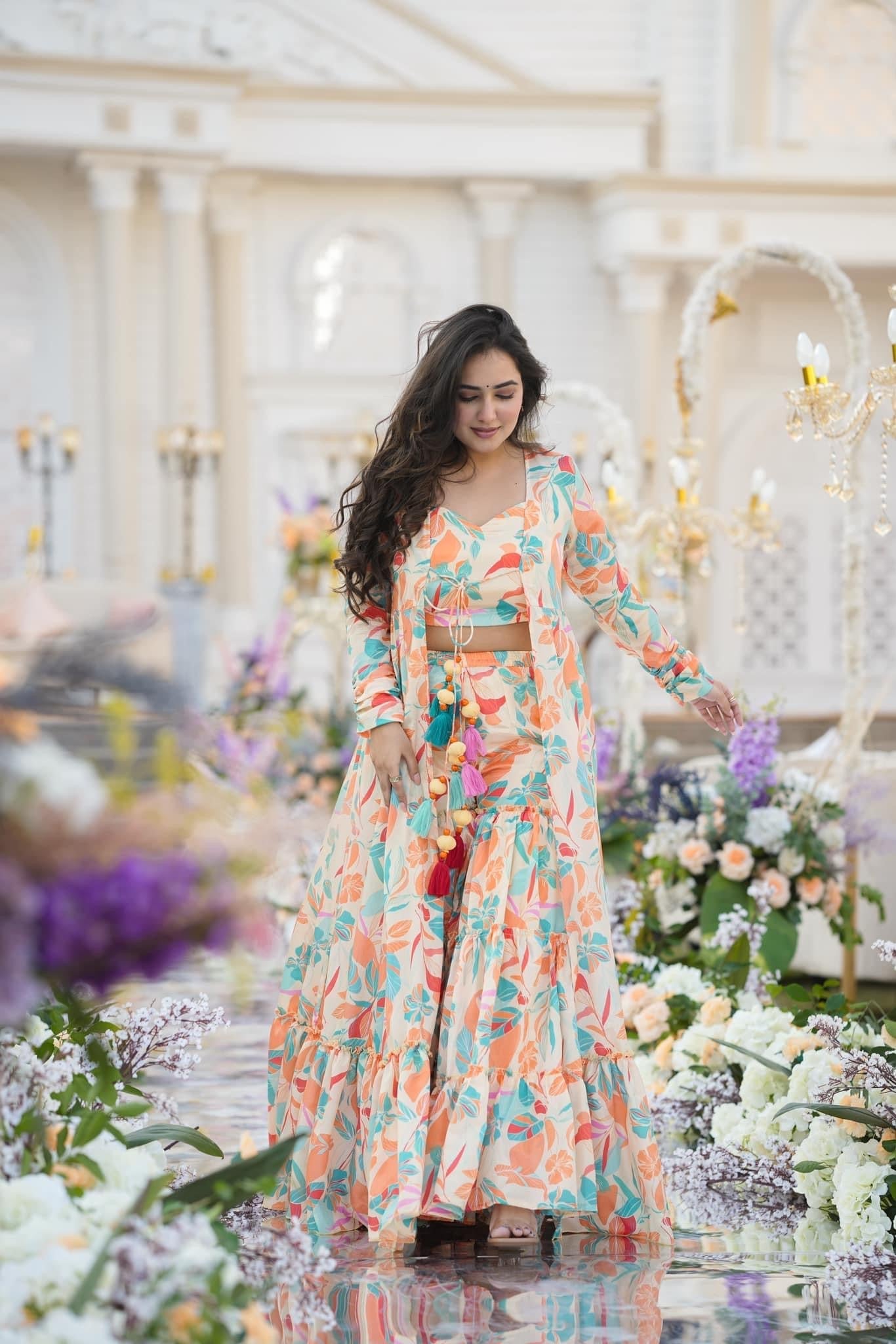 Heavy Airtex Chinon Digital Print Sharara Suit with Long Shrug Clothsvilla