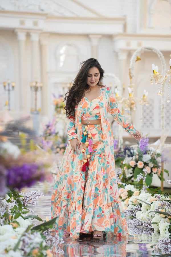 Heavy Airtex Chinon Digital Print Sharara Suit with Long Shrug Clothsvilla