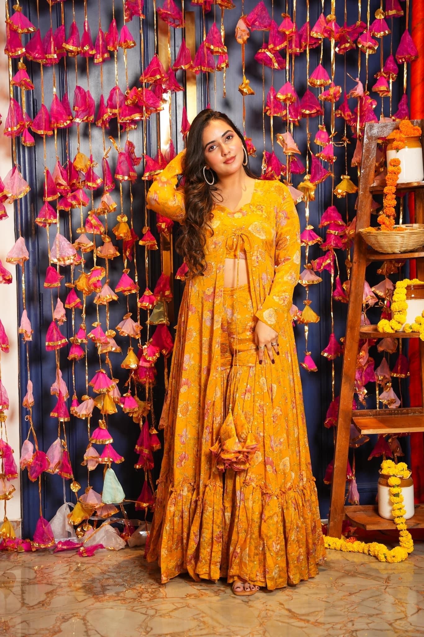 Heavy Airtex Chinon Digital Print Sharara Suit with Long Shrug Clothsvilla