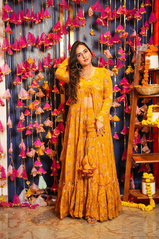 Heavy Airtex Chinon Digital Print Sharara Suit with Long Shrug Clothsvilla